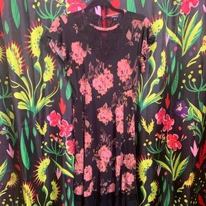 Black & Pink Lace Floral Dress With Pockets